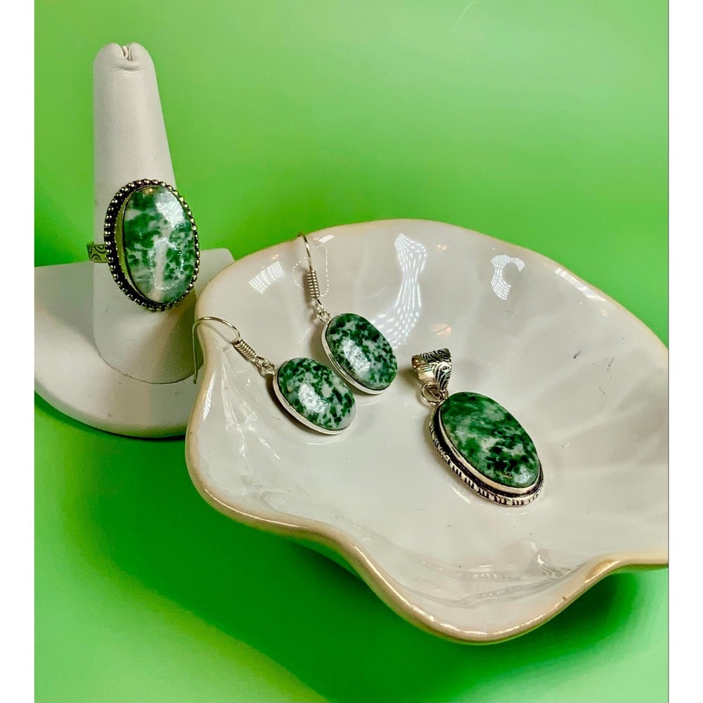 💚🌿 Green‎ Tree Agate 3-Piece Set – Ring, Pendant & Earrings 🌿💚